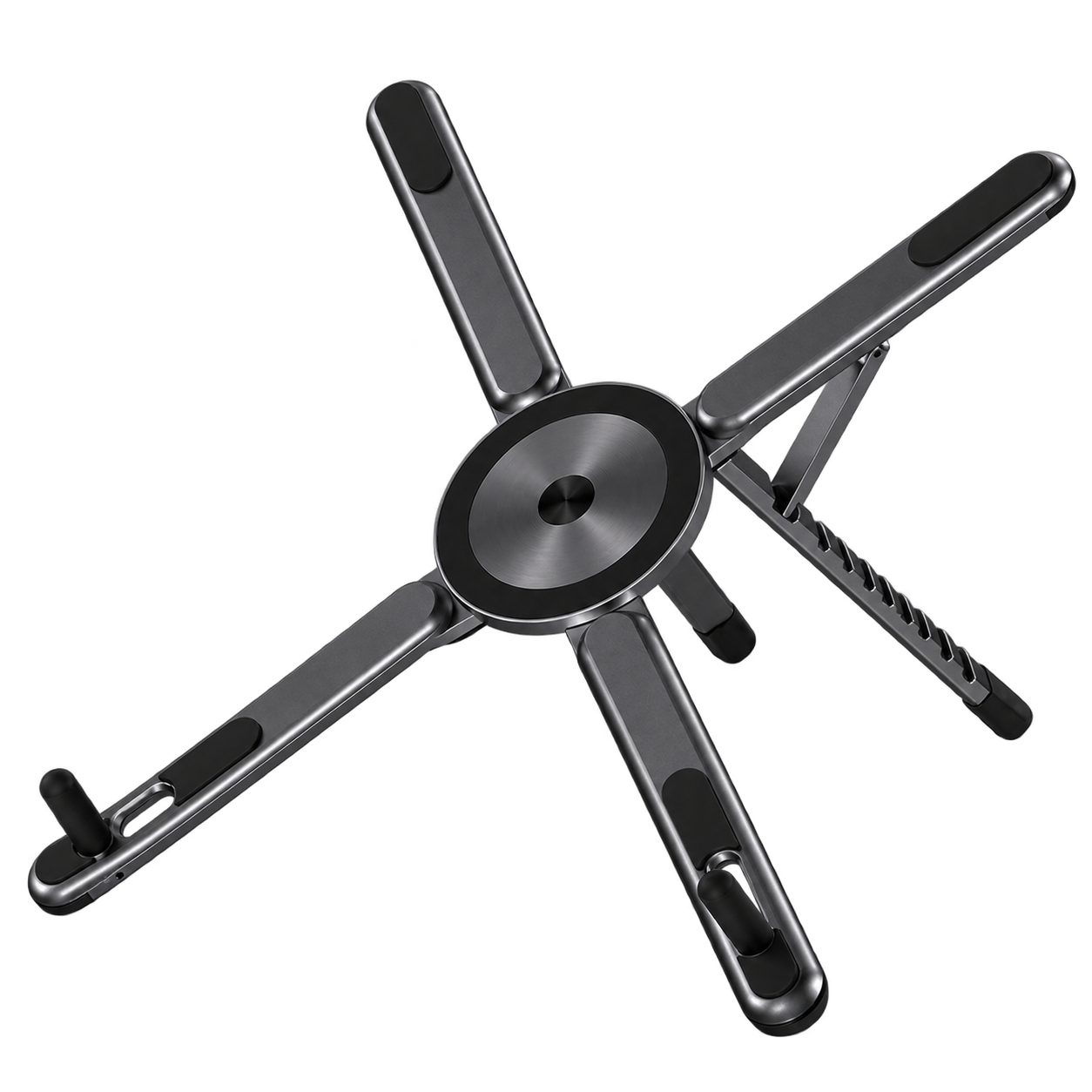 TriDock stand in gunmetal, unfolded with its magnetic center and support arms